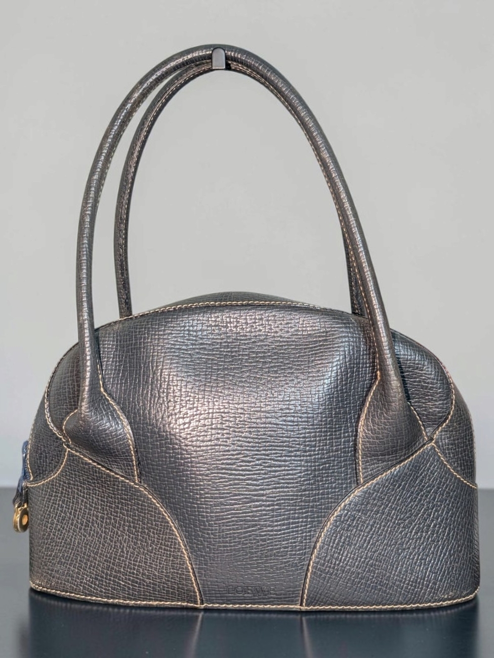 Vintage Loewe Dark Navy Blue Textured Leather Bowling Bag